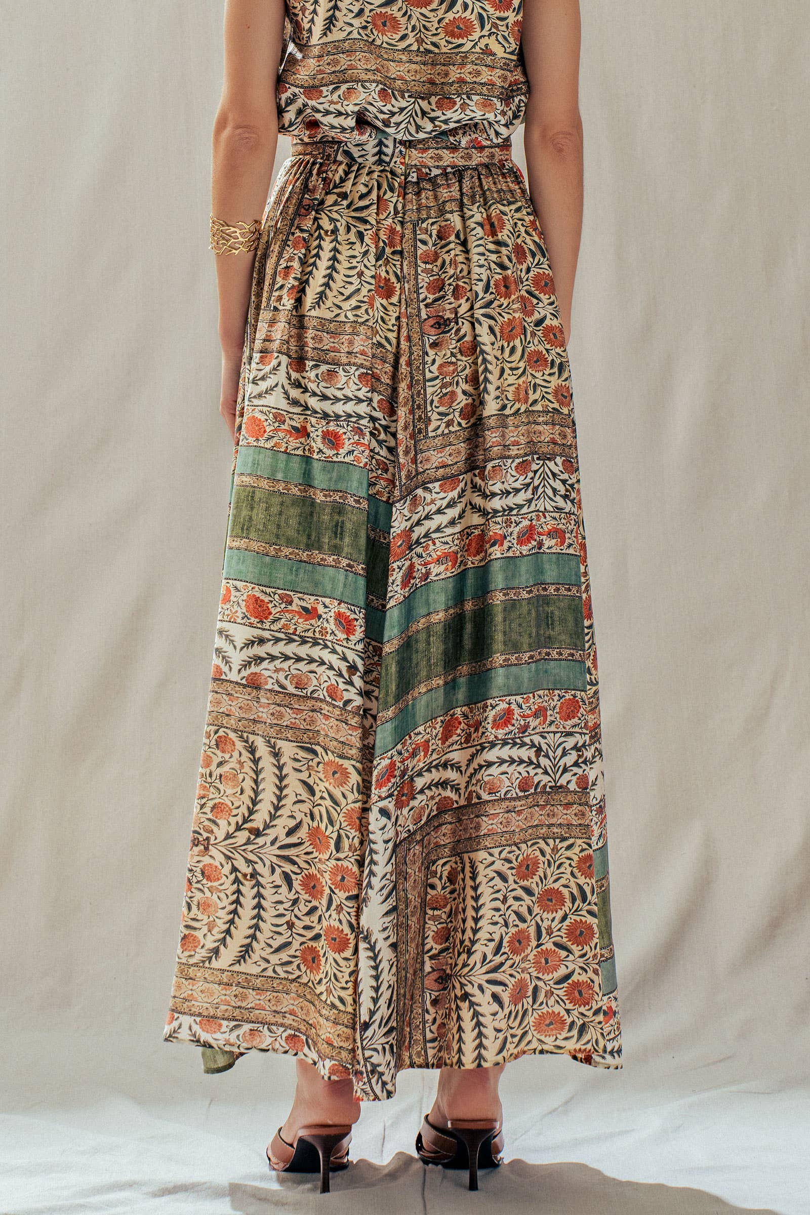 Botanical Bird Print Tencel Blend Maxi Skirt: MULTI / S-M-L:2-2-2 Urban Daizy