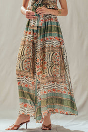 Botanical Bird Print Tencel Blend Maxi Skirt: MULTI / S-M-L:2-2-2 Urban Daizy