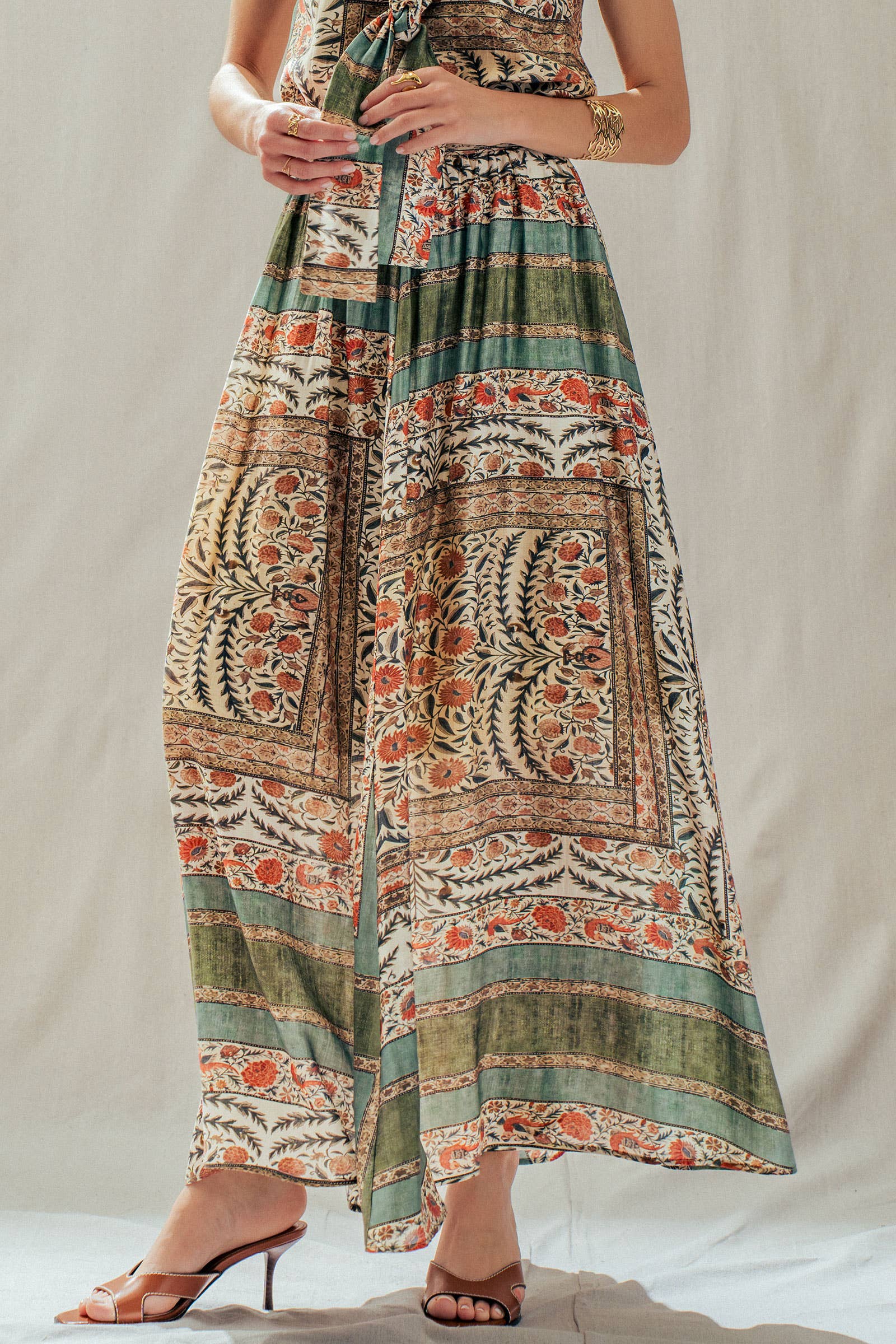 Botanical Bird Print Tencel Blend Maxi Skirt: MULTI / S-M-L:2-2-2 Urban Daizy