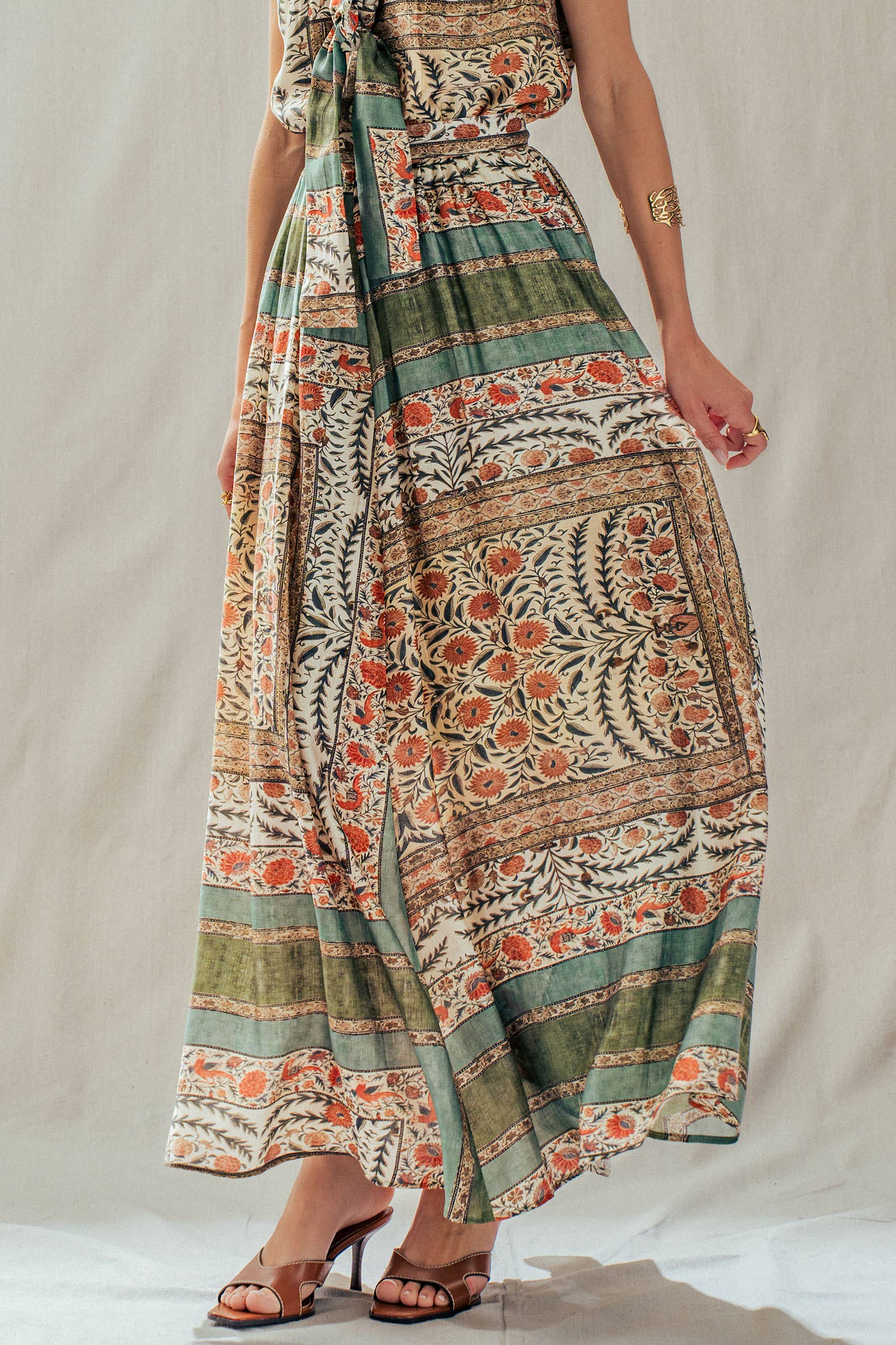 Botanical Bird Print Tencel Blend Maxi Skirt: MULTI / S-M-L:2-2-2 Urban Daizy