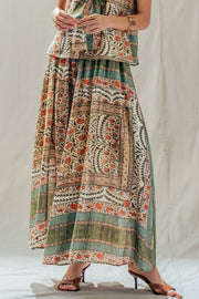 Botanical Bird Print Tencel Blend Maxi Skirt: MULTI / S-M-L:2-2-2 Urban Daizy