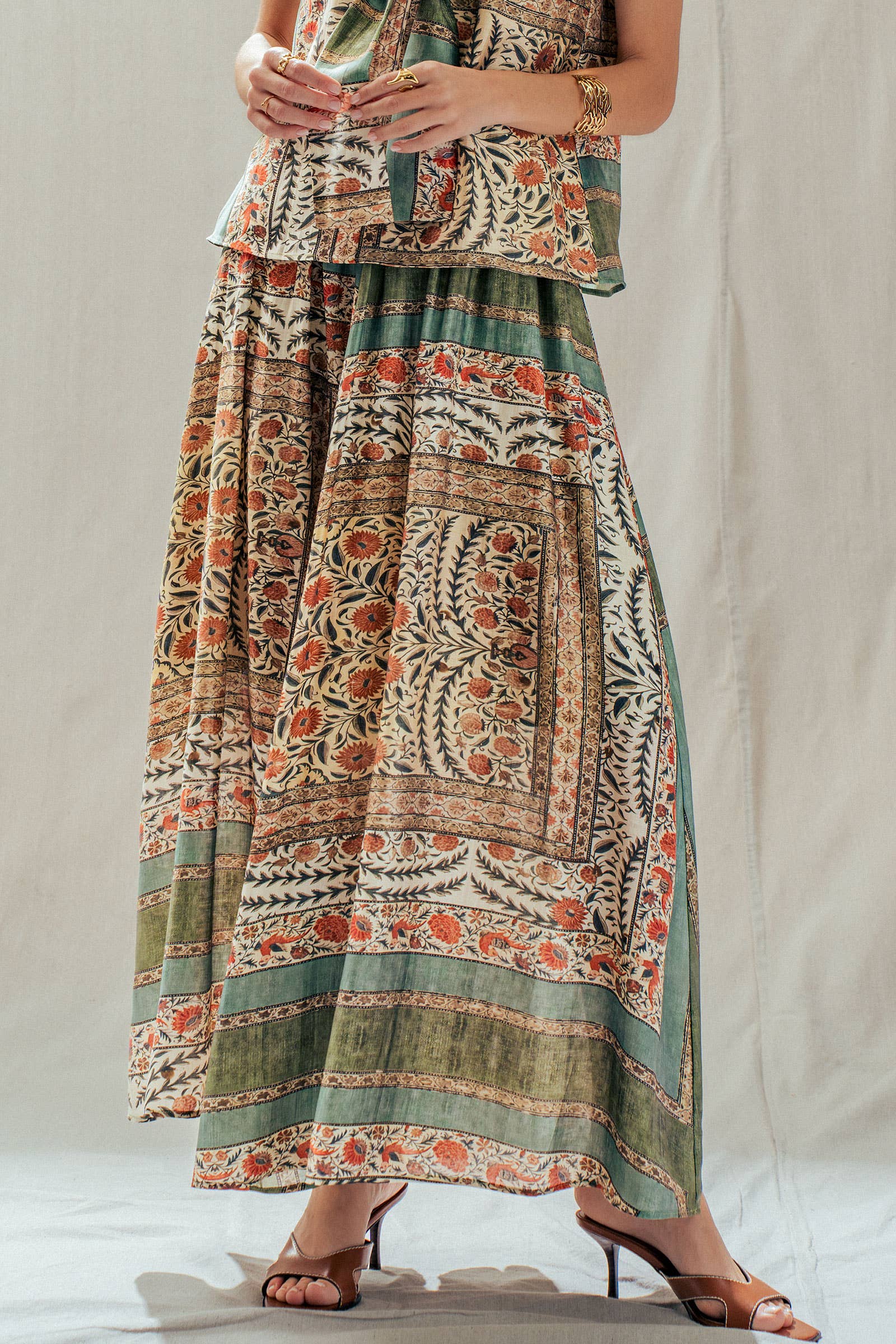 Botanical Bird Print Tencel Blend Maxi Skirt: MULTI / S-M-L:2-2-2 Urban Daizy