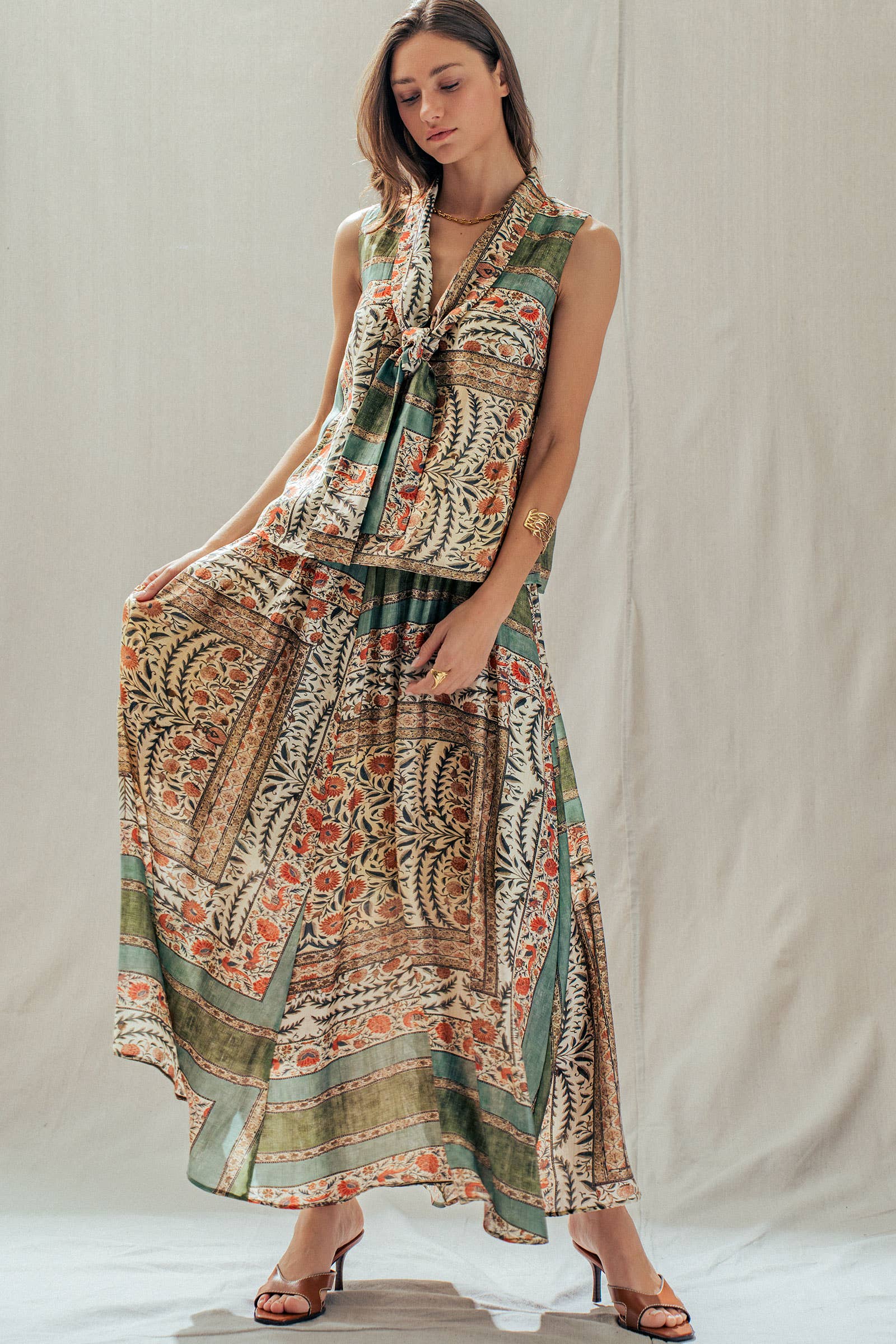 Botanical Bird Print Tencel Blend Maxi Skirt: MULTI / S-M-L:2-2-2 Urban Daizy