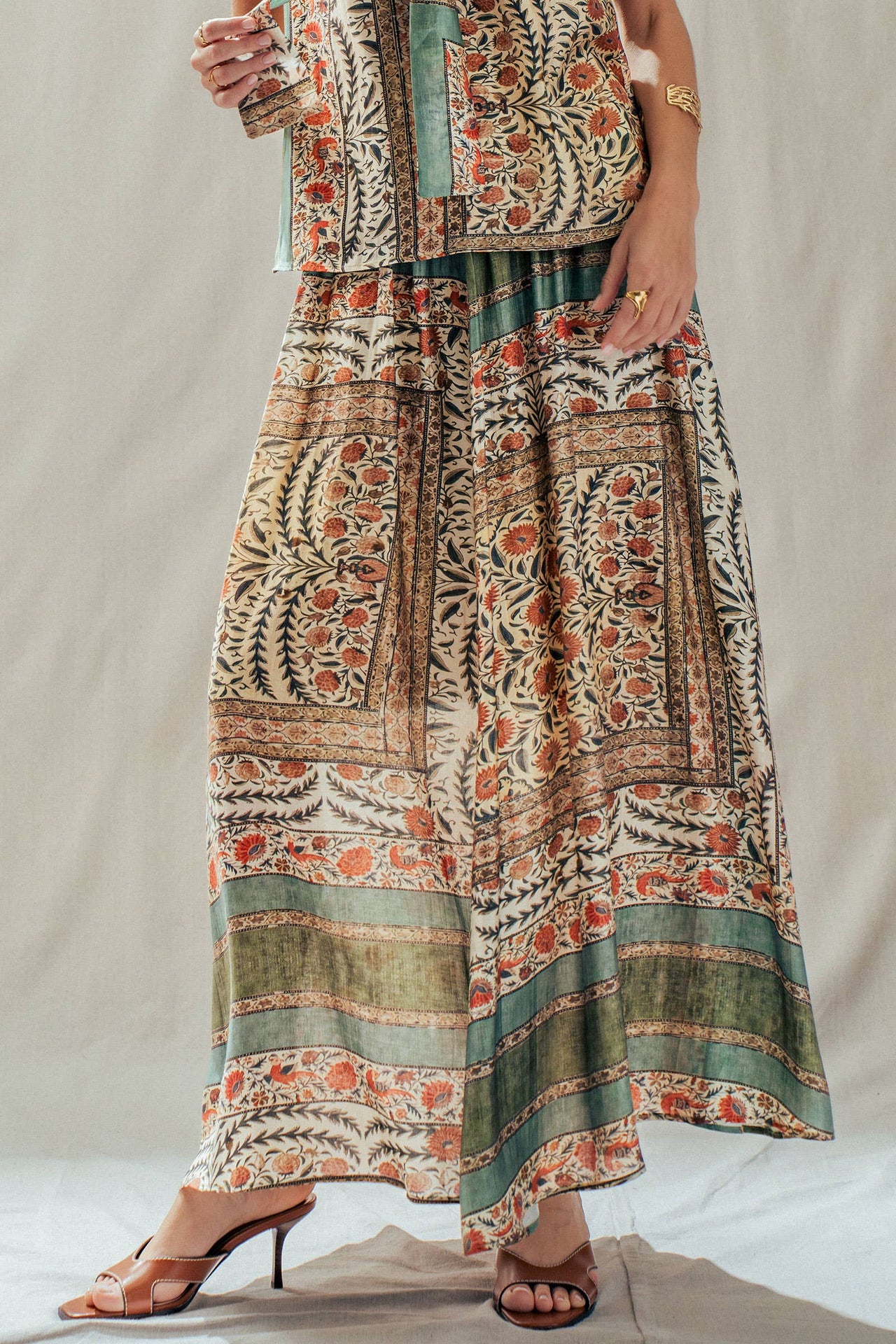 Botanical Bird Print Tencel Blend Maxi Skirt: MULTI / S-M-L:2-2-2 Urban Daizy