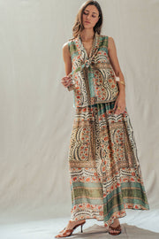Botanical Bird Print Tie-Front Tencel Blend Top: MULTI / S-M-L:2-2-2 Urban Daizy