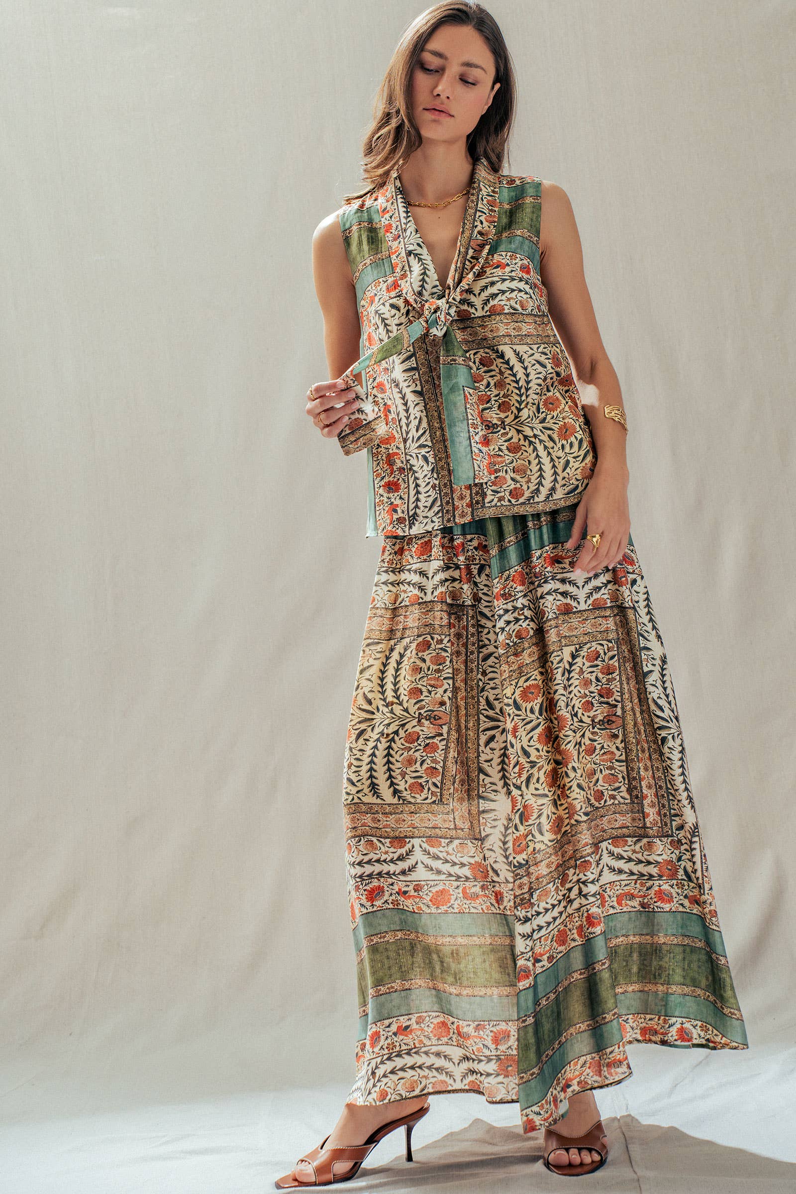 Botanical Bird Print Tie-Front Tencel Blend Top: MULTI / S-M-L:2-2-2 Urban Daizy