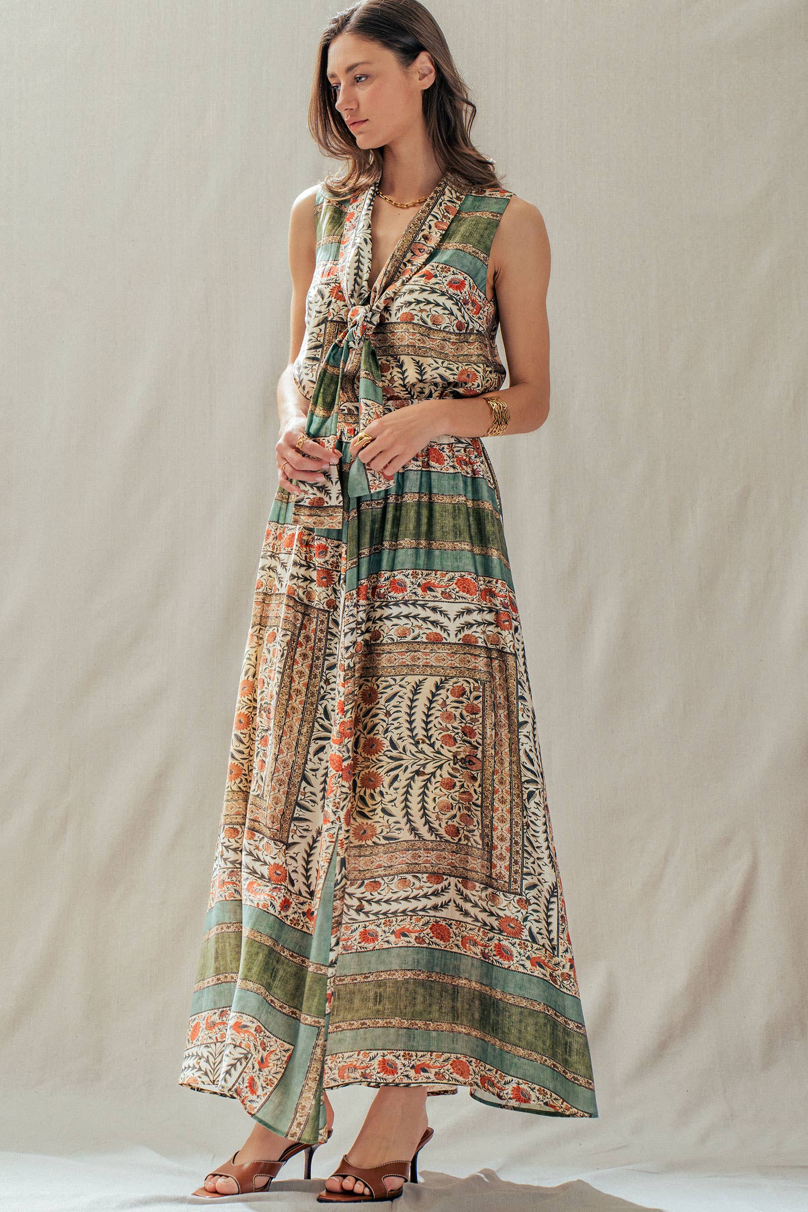 Botanical Bird Print Tie-Front Tencel Blend Top: MULTI / S-M-L:2-2-2 Urban Daizy