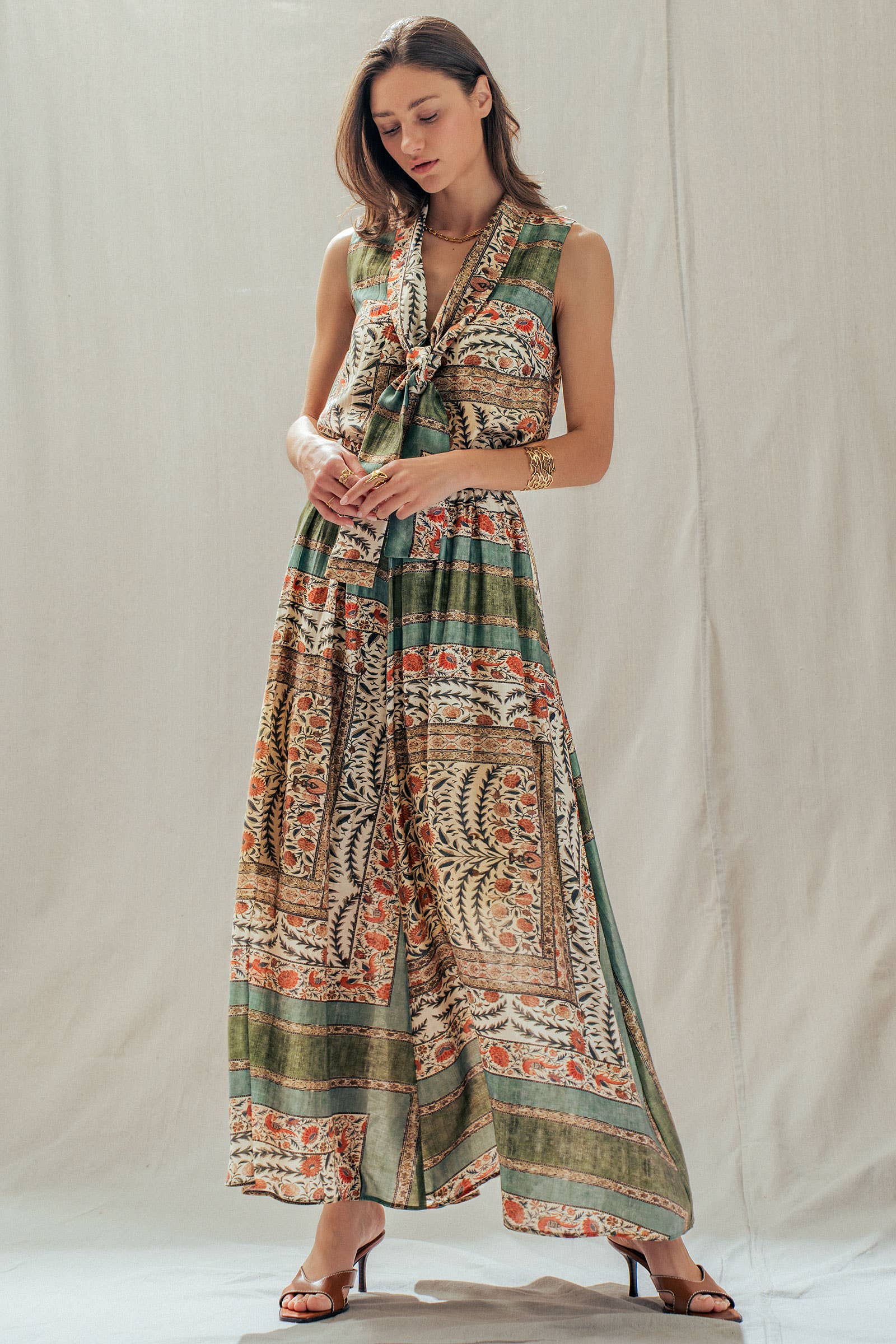 Botanical Bird Print Tie-Front Tencel Blend Top: MULTI / S-M-L:2-2-2 Urban Daizy