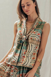 Botanical Bird Print Tie-Front Tencel Blend Top: MULTI / S-M-L:2-2-2 Urban Daizy