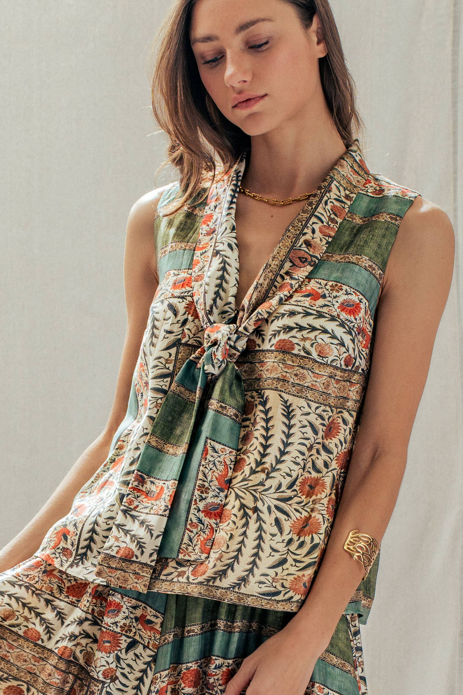 Botanical Bird Print Tie-Front Tencel Blend Top: MULTI / S-M-L:2-2-2 Urban Daizy