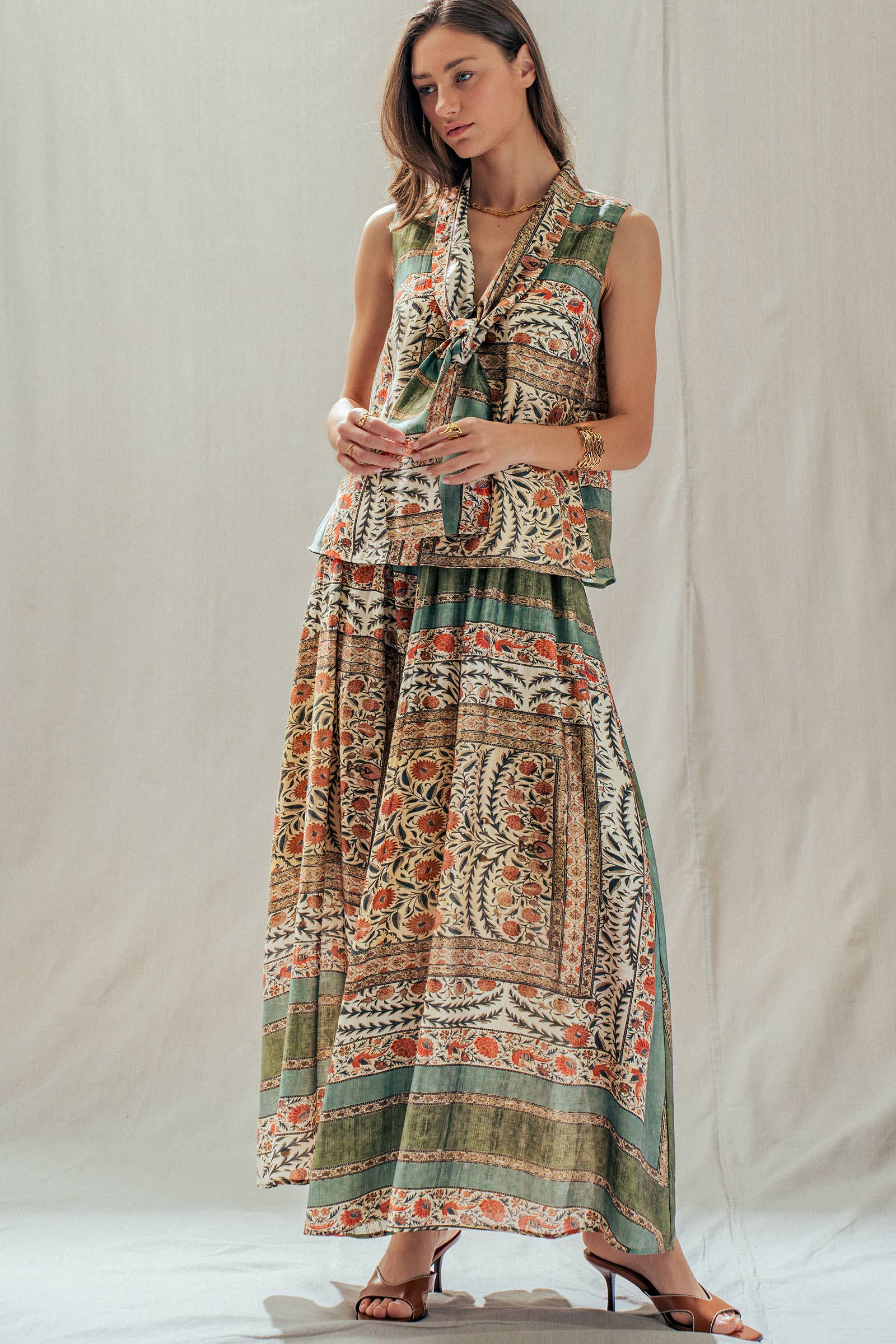 Botanical Bird Print Tie-Front Tencel Blend Top: MULTI / S-M-L:2-2-2 Urban Daizy