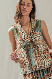 Botanical Bird Print Tie-Front Tencel Blend Top: MULTI / S-M-L:2-2-2 Urban Daizy
