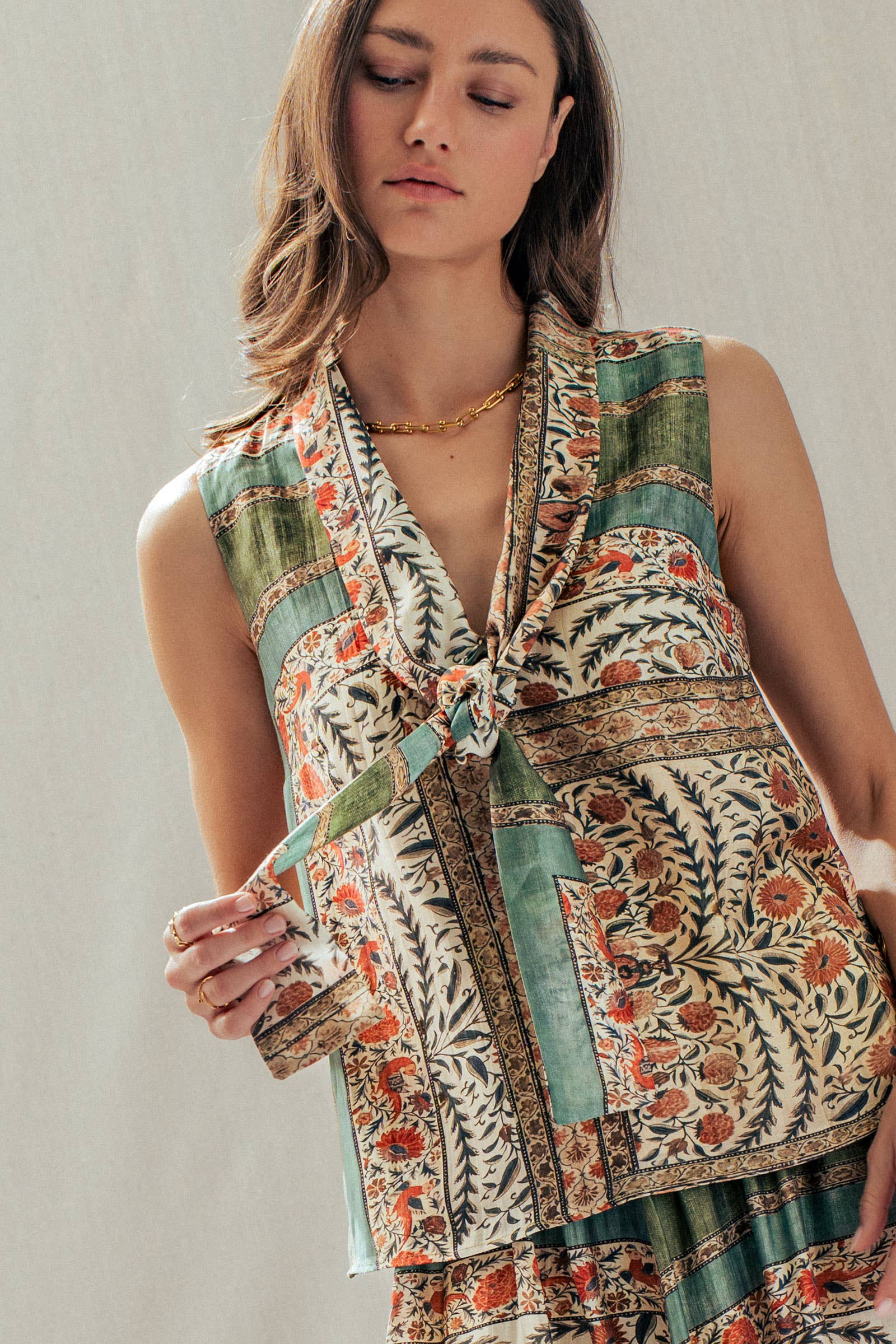 Botanical Bird Print Tie-Front Tencel Blend Top: MULTI / S-M-L:2-2-2 Urban Daizy
