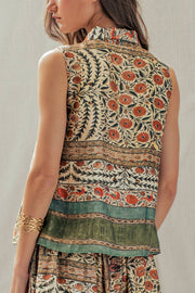 Botanical Bird Print Tie-Front Tencel Blend Top: MULTI / S-M-L:2-2-2 Urban Daizy