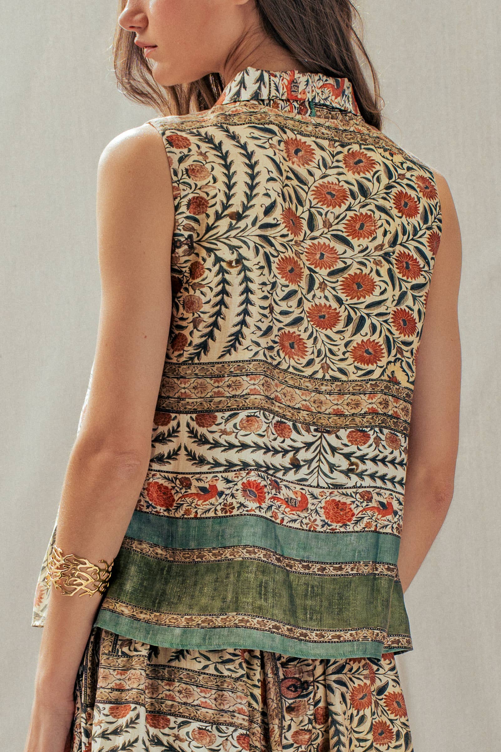 Botanical Bird Print Tie-Front Tencel Blend Top: MULTI / S-M-L:2-2-2 Urban Daizy