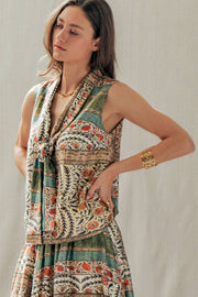 Botanical Bird Print Tie-Front Tencel Blend Top: MULTI / S-M-L:2-2-2 Urban Daizy