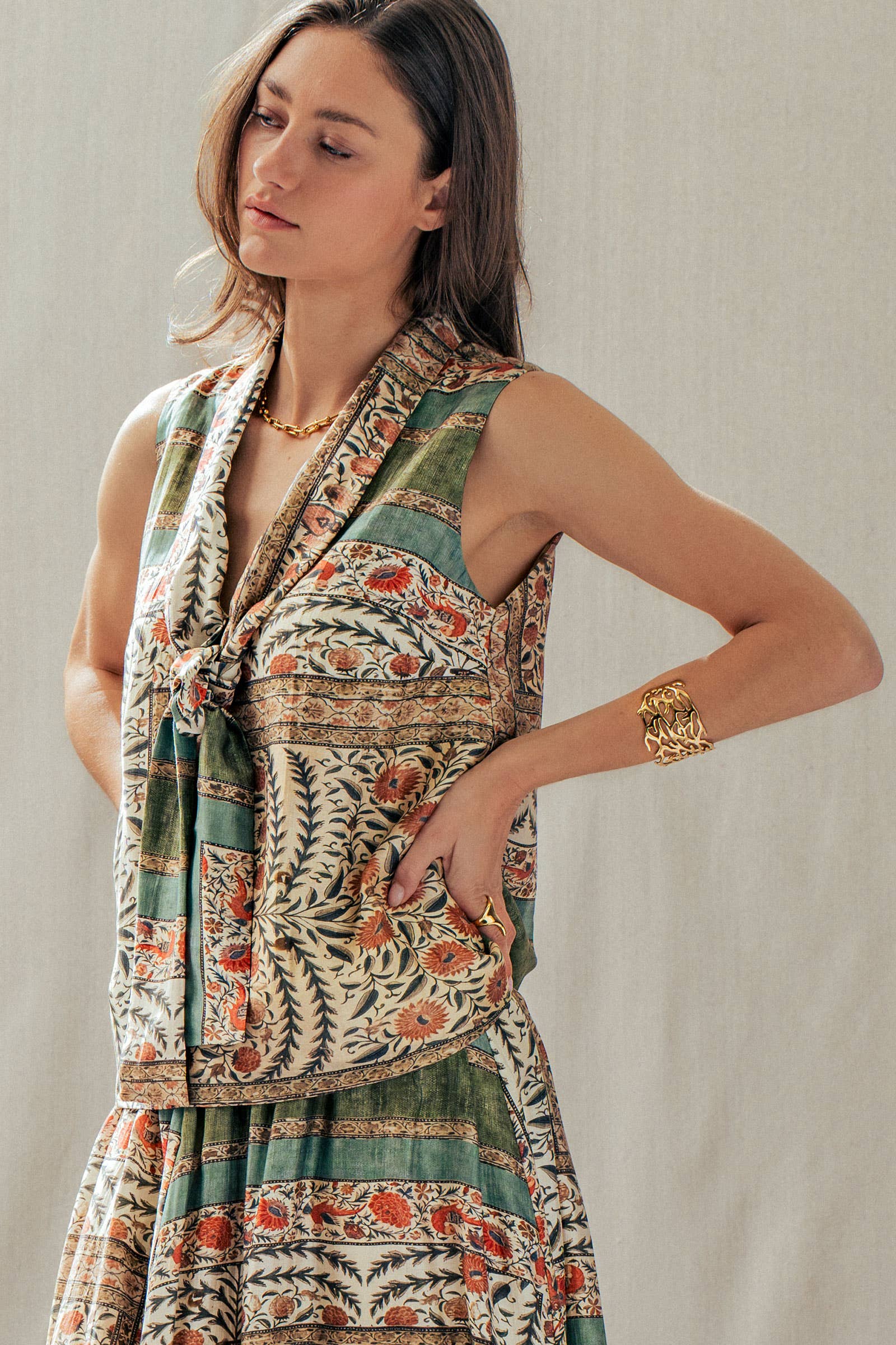 Botanical Bird Print Tie-Front Tencel Blend Top: MULTI / S-M-L:2-2-2 Urban Daizy