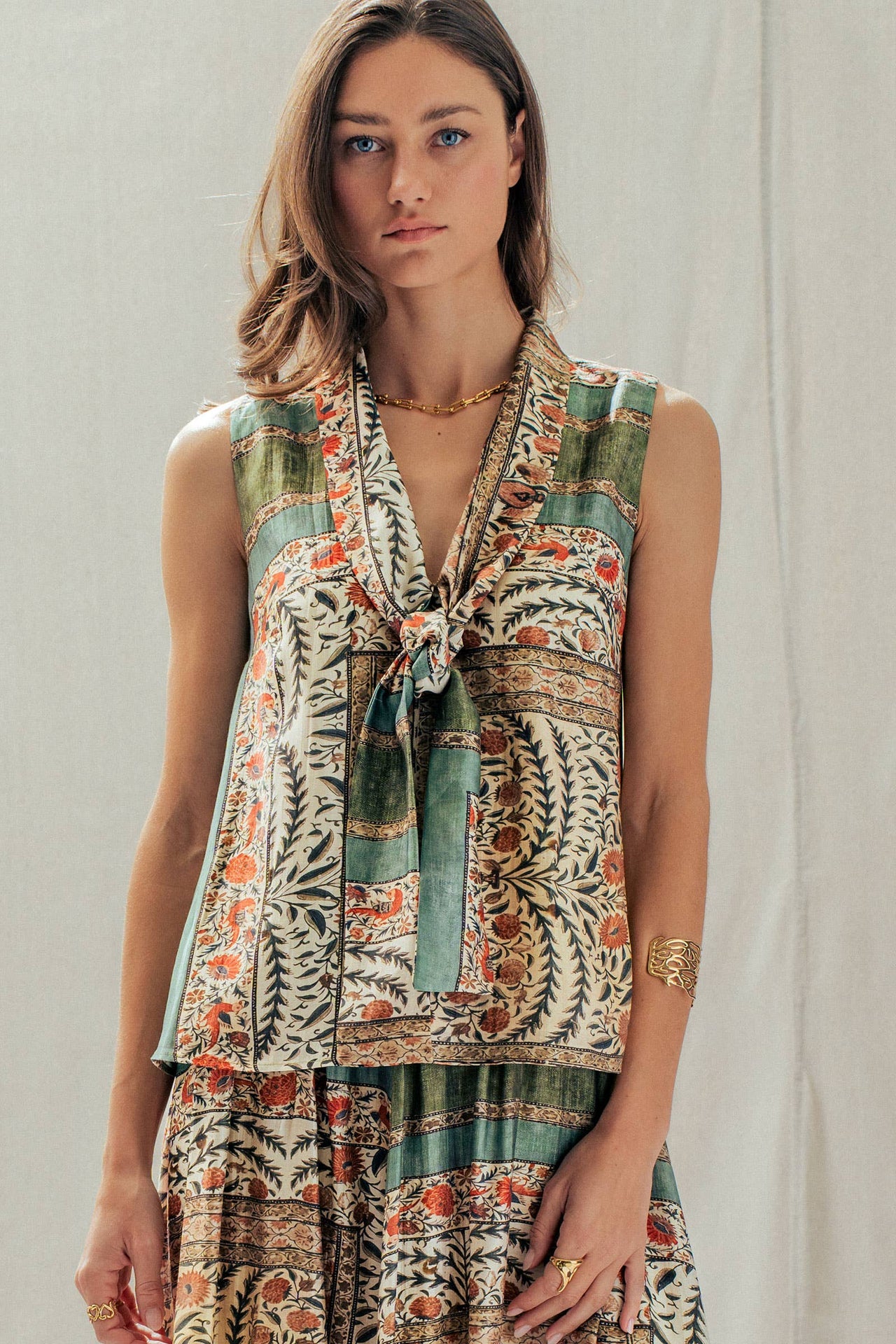 Botanical Bird Print Tie-Front Tencel Blend Top: MULTI / S-M-L:2-2-2 Urban Daizy