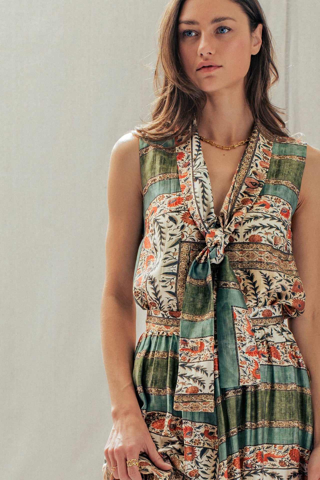 Botanical Bird Print Tie-Front Tencel Blend Top: MULTI / S-M-L:2-2-2 Urban Daizy