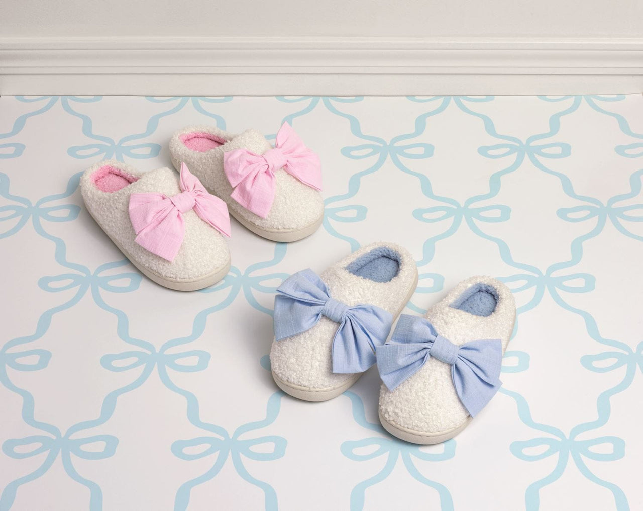 Bow Slippers in Blue Mud Pie plates