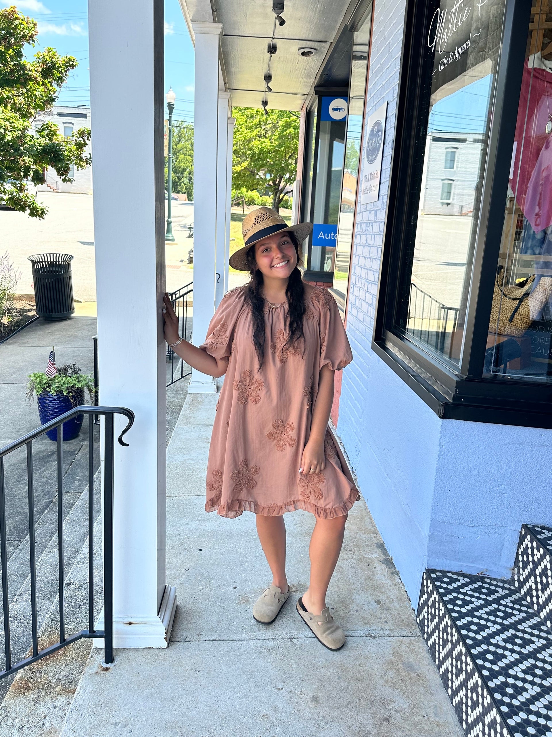 Bubble Sleeve Chenille Floral Embroidery Cotton Dress, Mocha Easel Dress