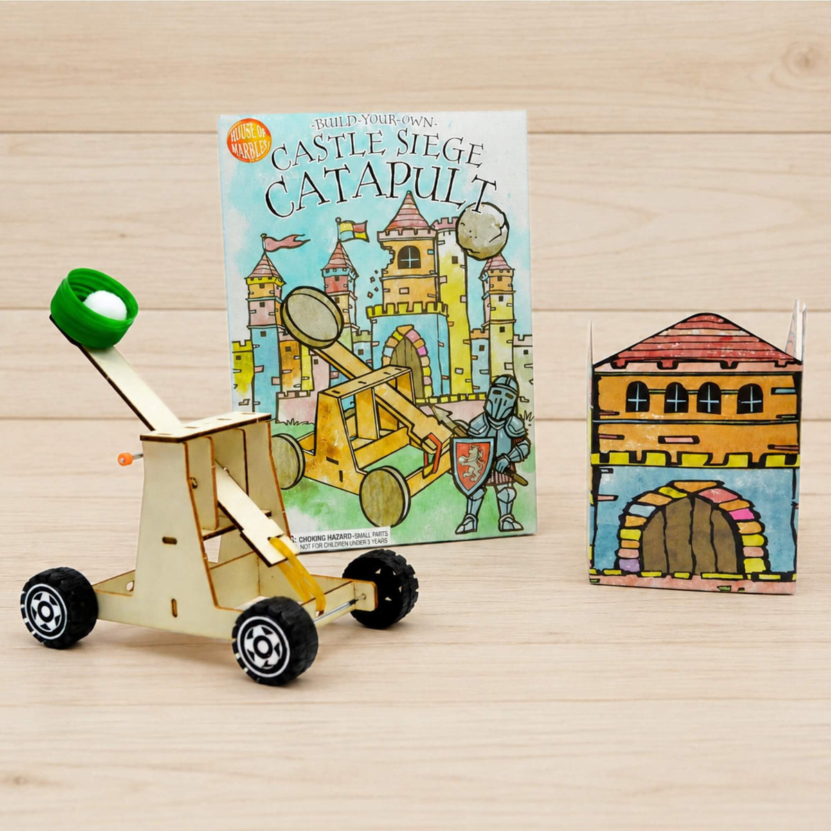 Build-Your-Own Castle Siege Catapult Kit, Wood House of Marbles
