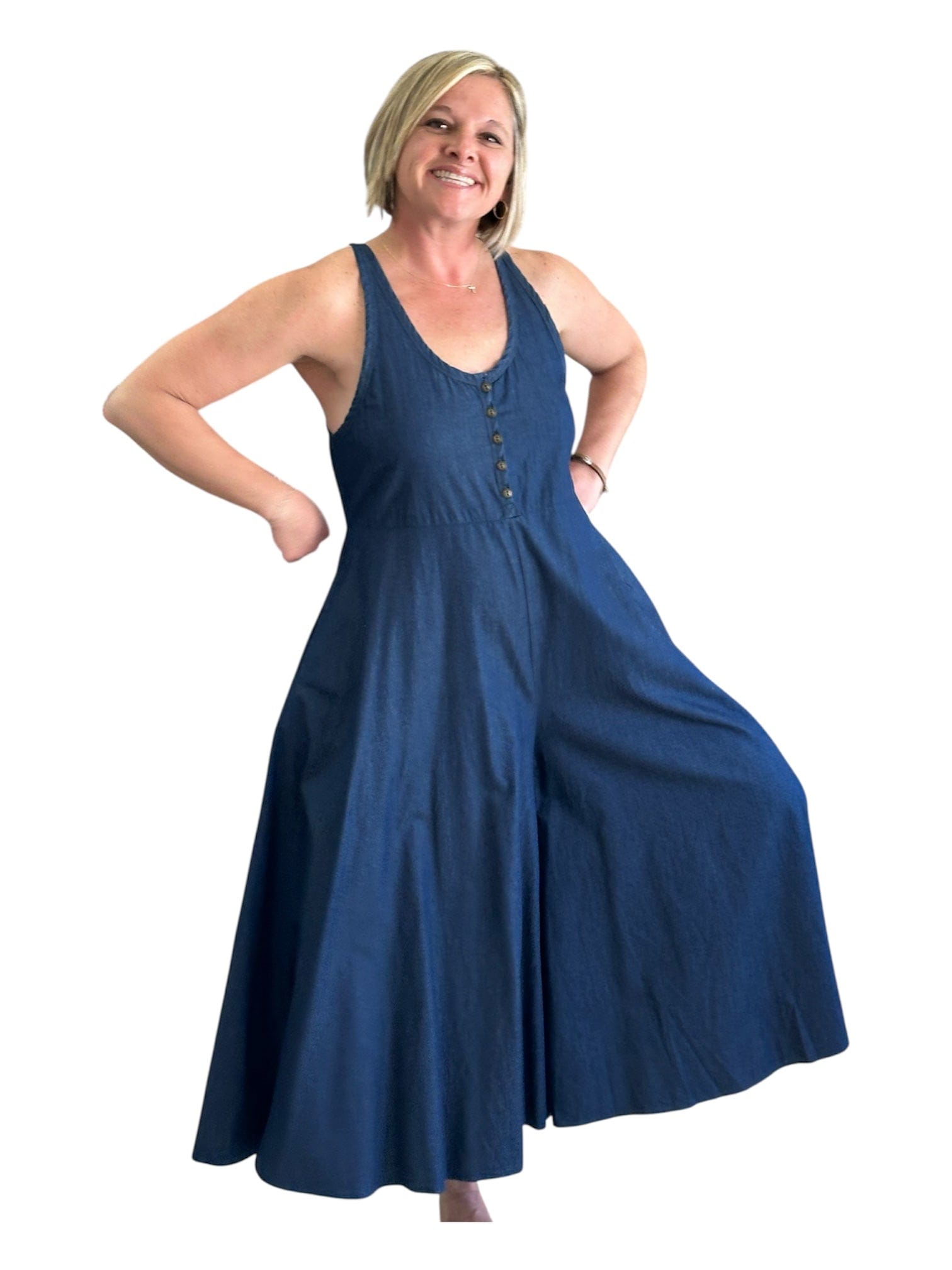 Button Front Dark Chambray Palazzo Overall Easel 1-piece