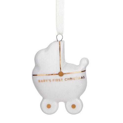 Carriage Ceramic Ornament in Wooden Box Stephan Baby Christmas Ornament