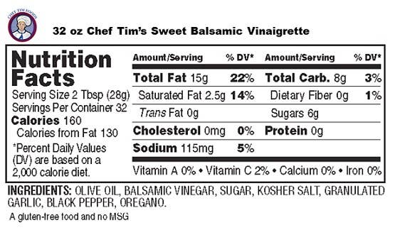 Chef Tim's Sweet Balsamic Vinaigrette (32 oz) Quart size Chef Tim Foods