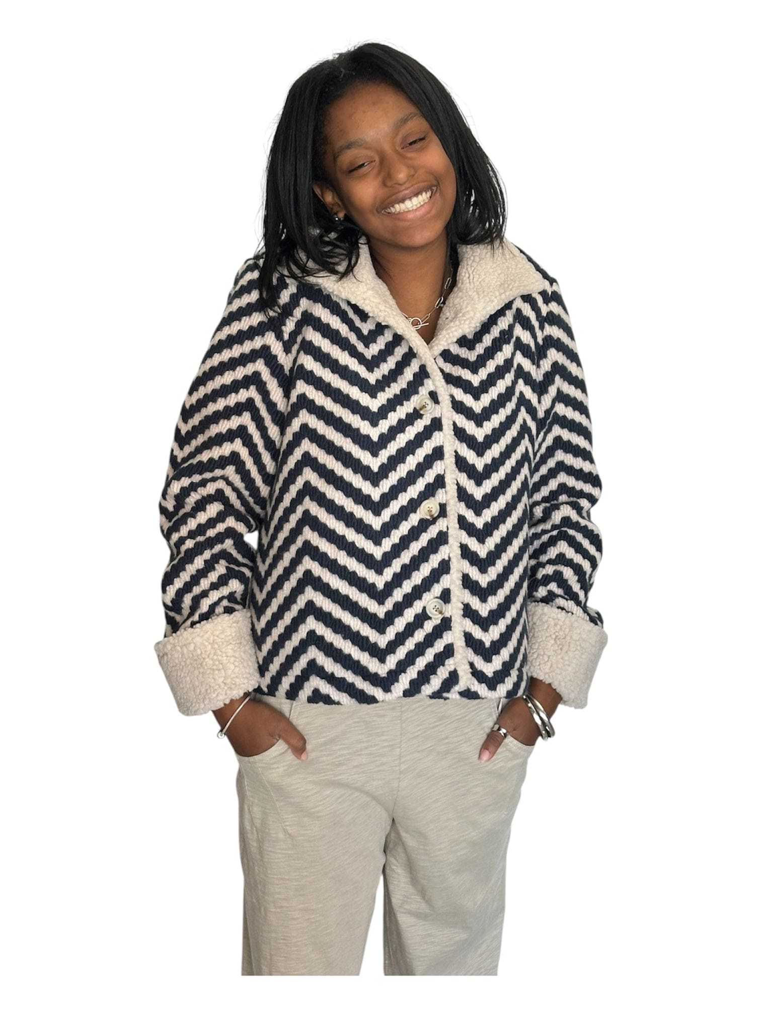 Chevron Boucle Jacket with Sherpa by Charlie B Charlie B Outerwear