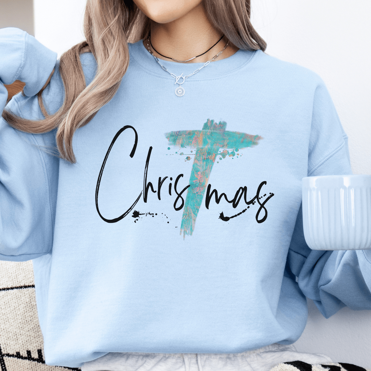 Christmas cross women's sweatshirt, Christian holiday crew: Light Blue / Small ATTA TOOD LLC