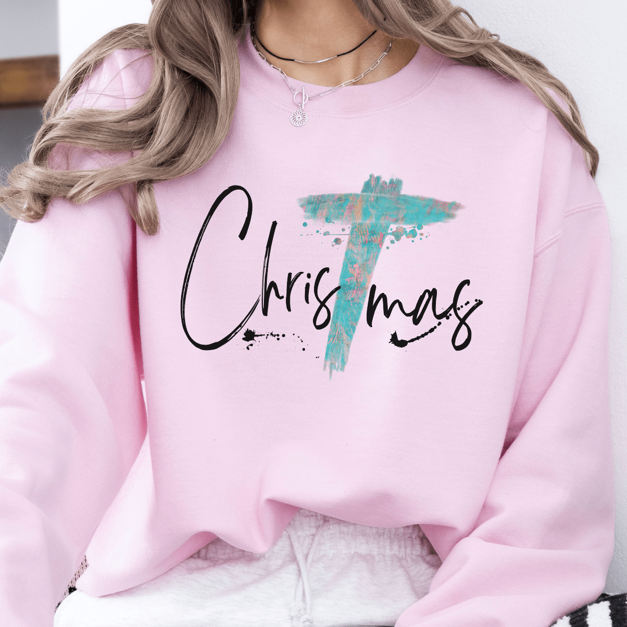 Christmas cross women's sweatshirt, Christian holiday crew: Light Pink / Small ATTA TOOD LLC