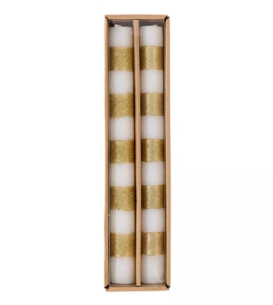 Christmas Taper Candles 4 Styles Mud Pie Candle White w Hor. Gold Stripe
