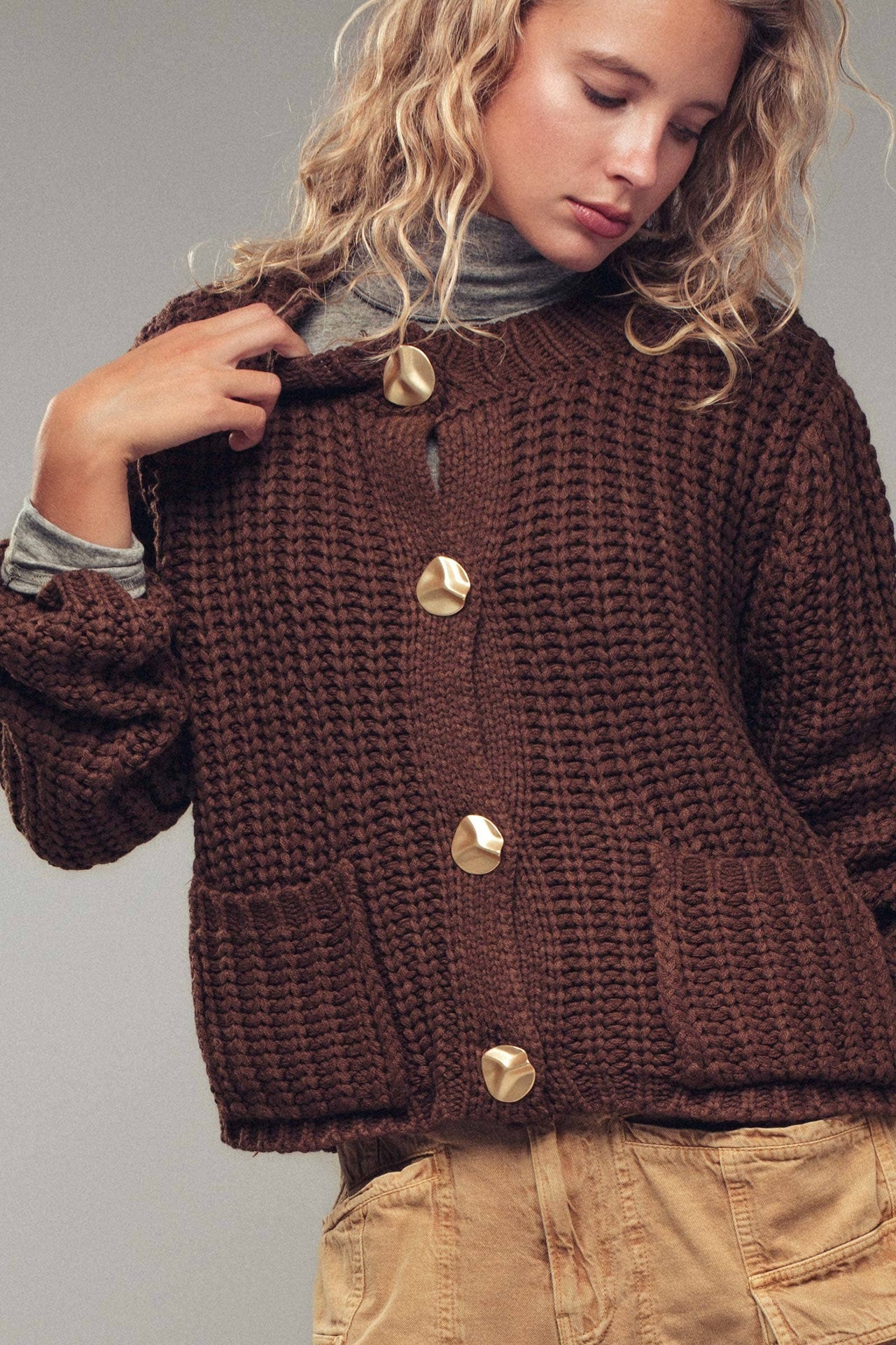Chunky Gold Button Ribbed Knit Cardigan: Brown / S-2/M-2/L-2 Urban Daizy