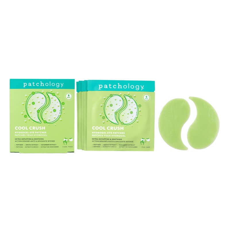 Patchology Cool Crush Hydrogel Eye Patches in green packaging with cucumber extract patches displayed