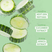Cucumber slices submerged in water highlighting depuffing peptides, soothing cucumber extract, and firming arnica extract ...