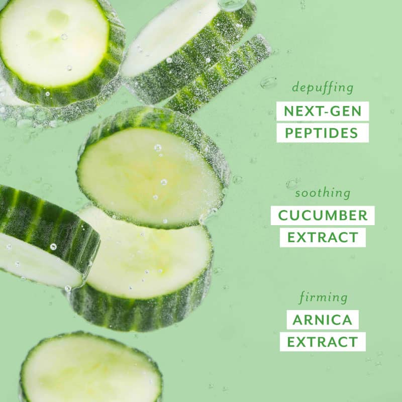 Cucumber slices submerged in water highlighting depuffing peptides, soothing cucumber extract, and firming arnica extract ...