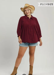 Corduroy Pleated Button-Front Blouse, Burgundy, Plus Size Umgee Top