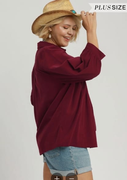 Corduroy Pleated Button-Front Blouse, Burgundy, Plus Size Umgee Top