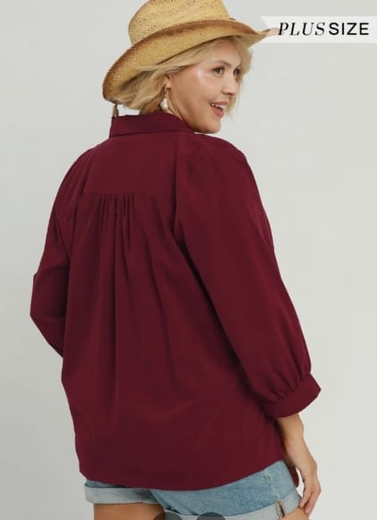 Corduroy Pleated Button-Front Blouse, Burgundy, Plus Size Umgee Top