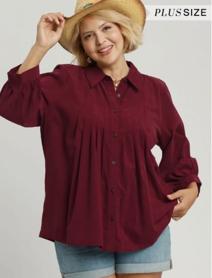 Corduroy Pleated Button-Front Blouse, Burgundy, Plus Size Umgee Top XL