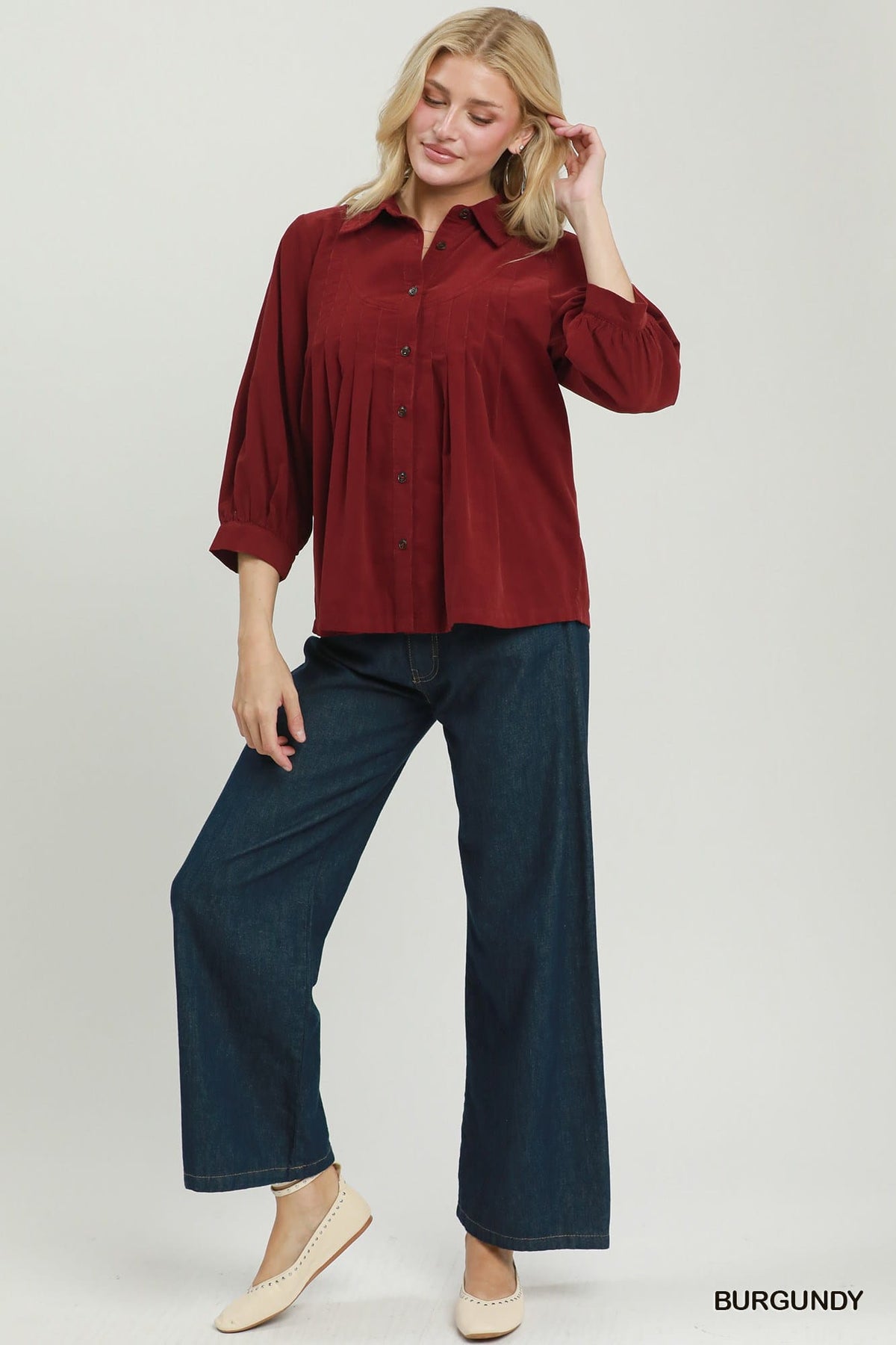 Corduroy Pleated Button Front Blouse UmGee Top S