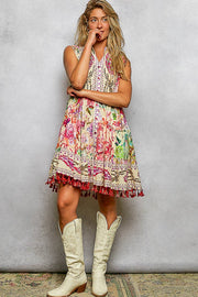 Cotton Button Closure Floral Tassel Bead Sleeveless Dress : CREAM MULTI / S Pol Clothing