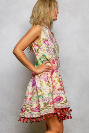 Cotton Button Closure Floral Tassel Bead Sleeveless Dress : CREAM MULTI / S Pol Clothing