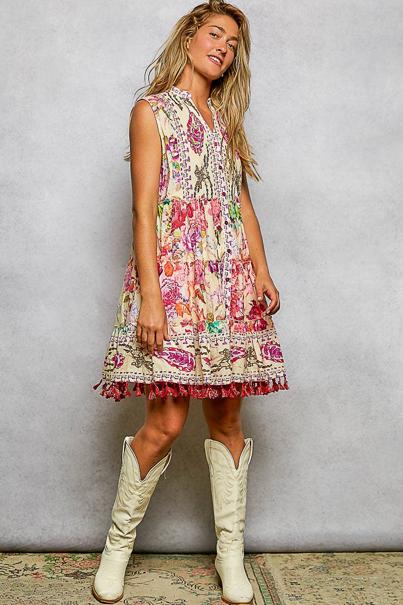 Cotton Button Closure Floral Tassel Bead Sleeveless Dress : CREAM MULTI / S Pol Clothing