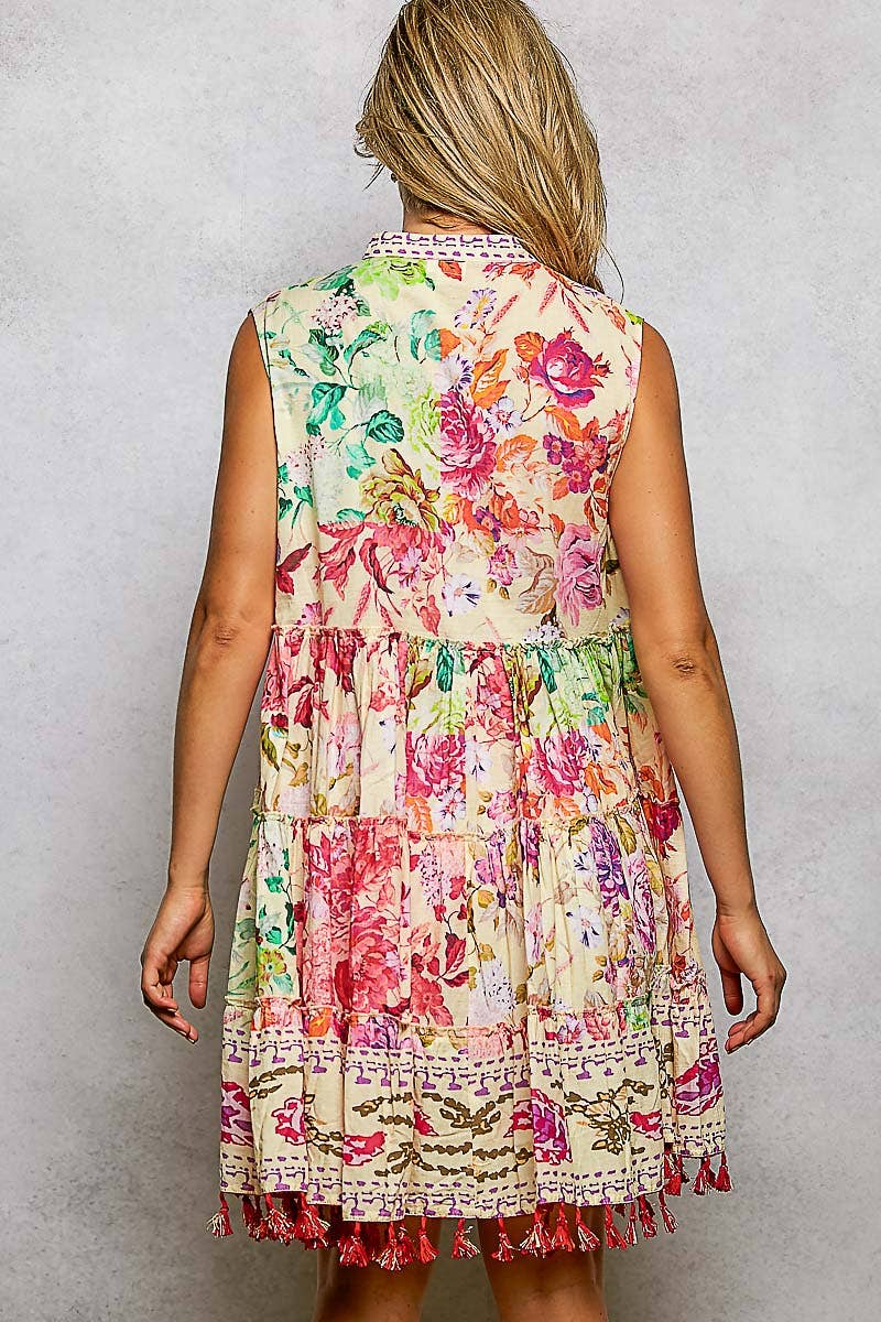 Cotton Button Closure Floral Tassel Bead Sleeveless Dress : CREAM MULTI / S Pol Clothing