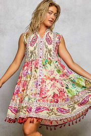 Cotton Button Closure Floral Tassel Bead Sleeveless Dress : CREAM MULTI / S Pol Clothing
