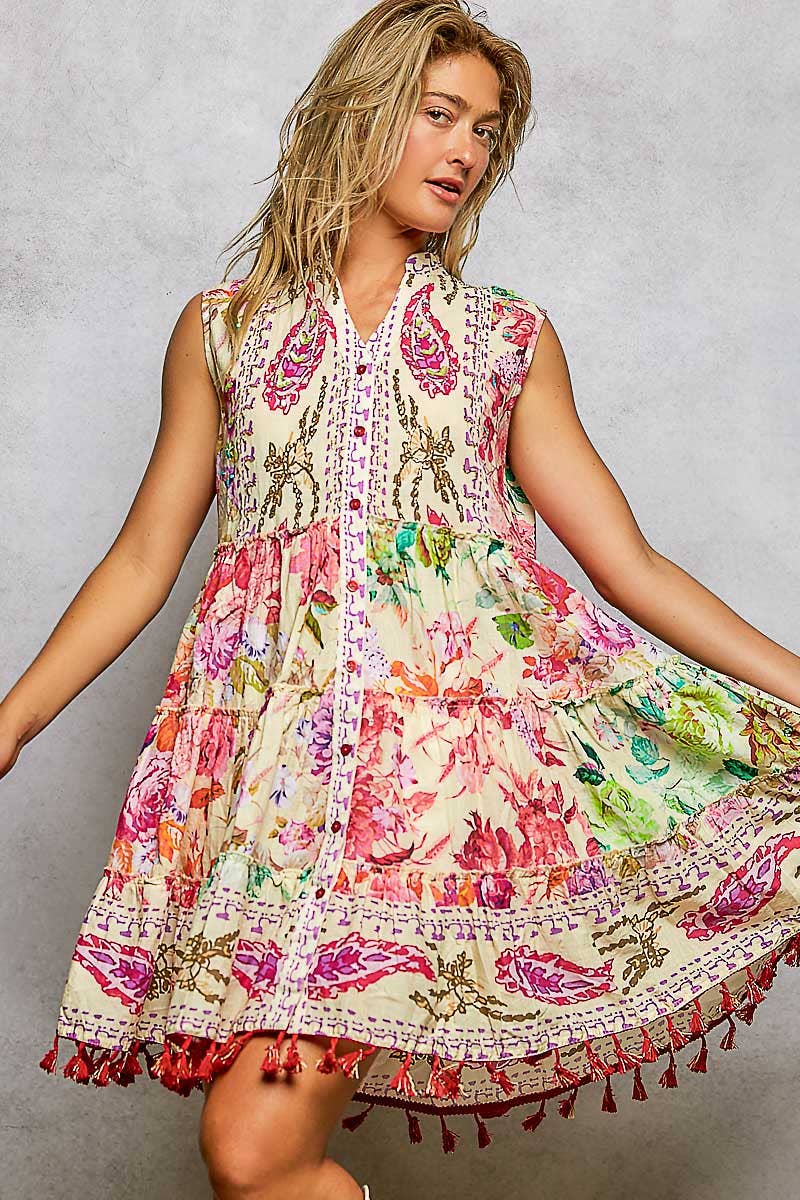 Cotton Button Closure Floral Tassel Bead Sleeveless Dress : CREAM MULTI / S Pol Clothing