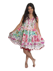 Cotton Button Closure Floral Tassel Sleeveless Dress Pol Clothing Dresses