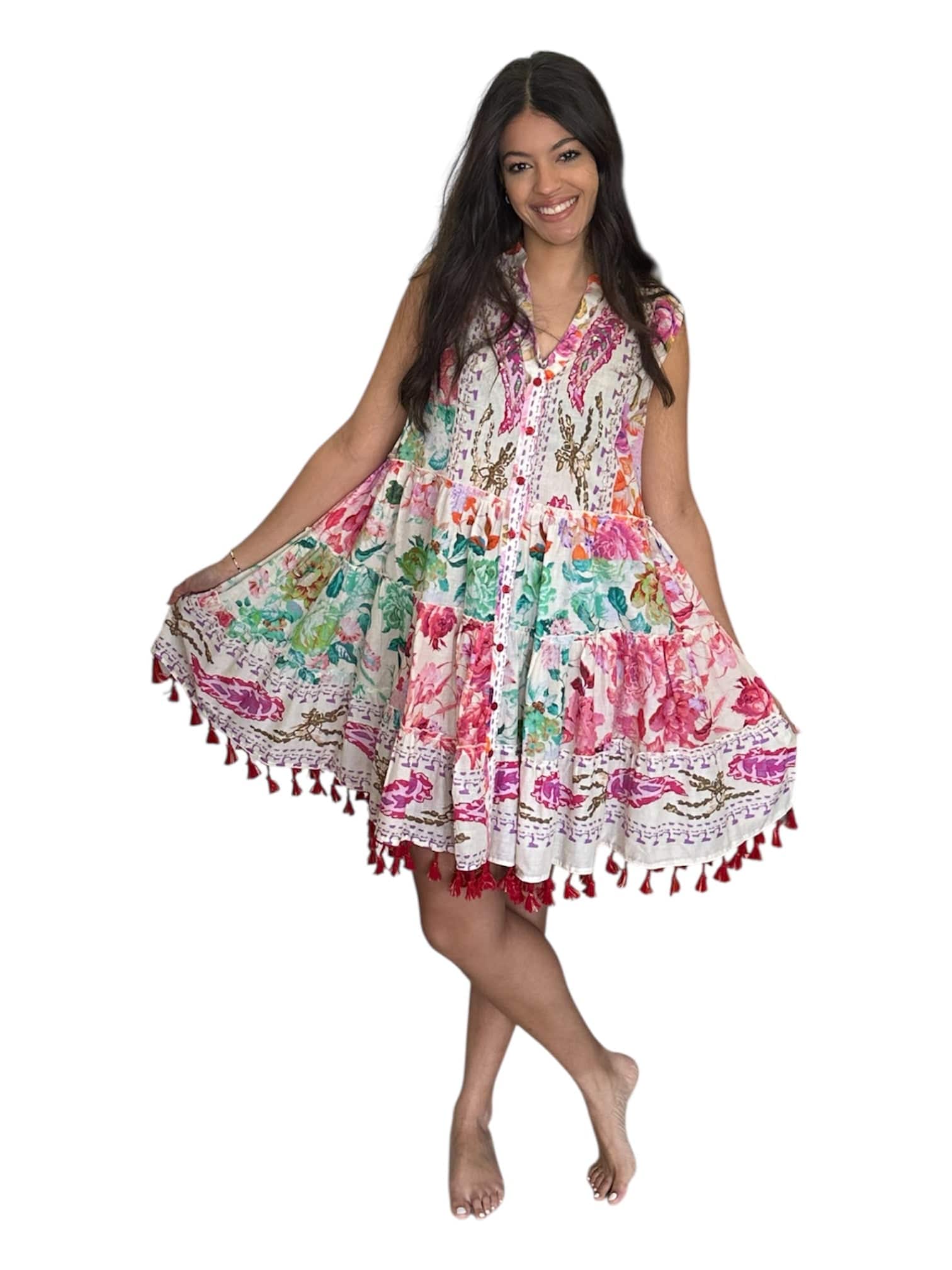 Cotton Button Closure Floral Tassel Sleeveless Dress Pol Clothing Dresses
